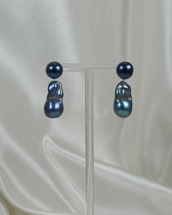 Baroque Pearl Drop Stud - Peacock Blue